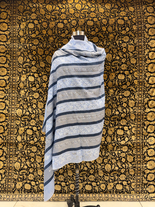 Steel Blue Striped Pashmina Shawl — Ivory Paisley Booti Embroidery