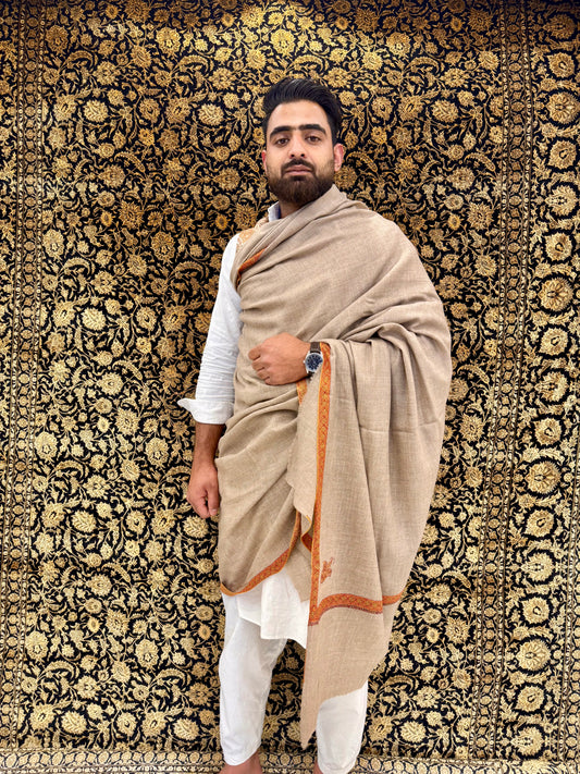 Natural Greige Men's Pashmina Shawl — Burnt Orange & Gold Sozni Border