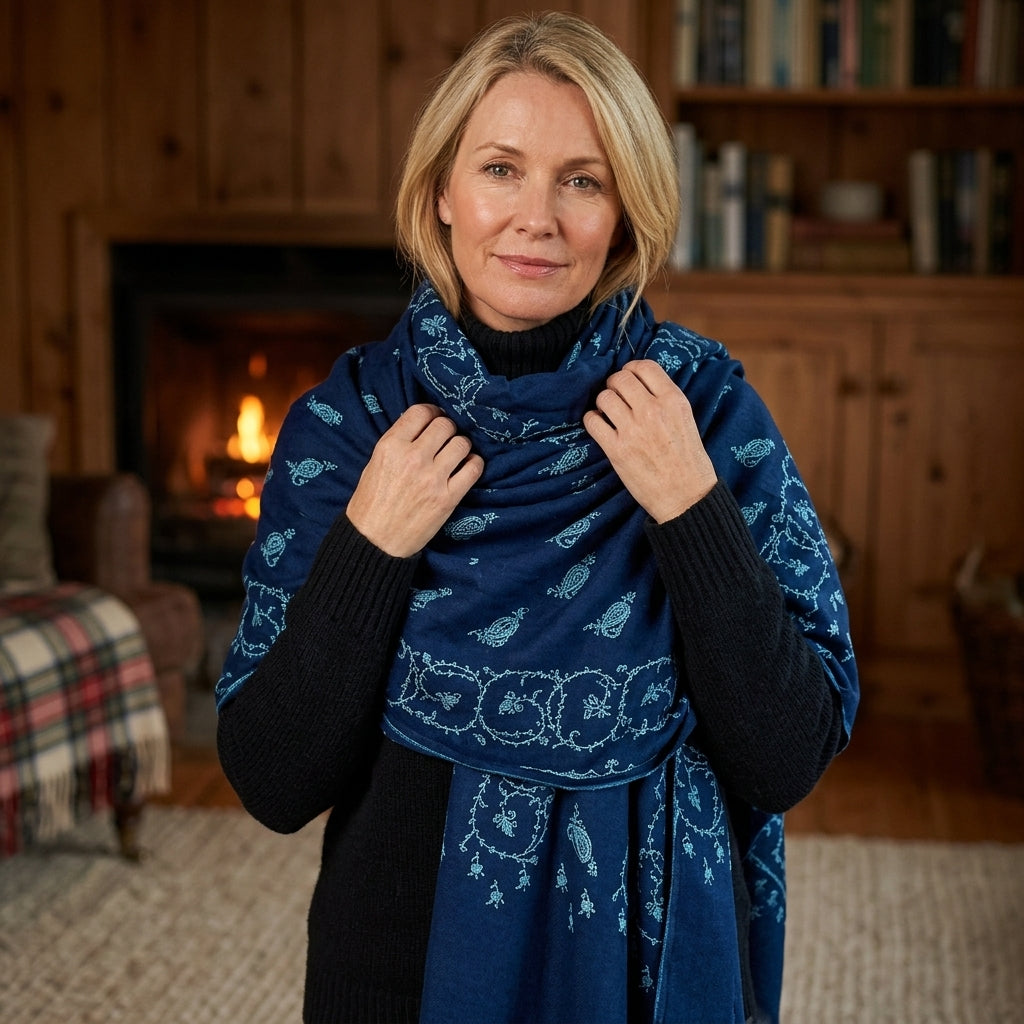Pashmina Midnight Blue Kashmiri Embroidered Premium Shawl