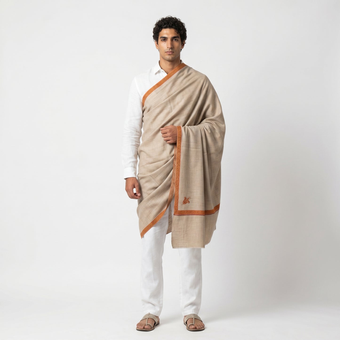 Natural Greige Men's Pashmina Shawl — Burnt Orange & Gold Sozni Border