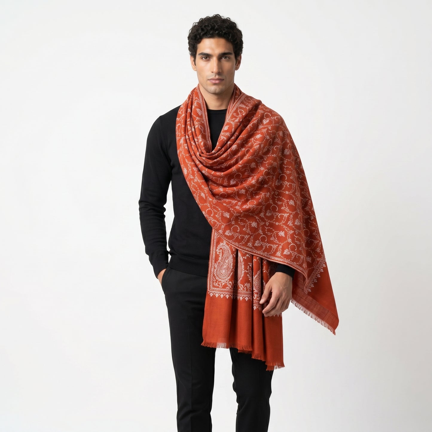 Burnt Terracotta Jama Pashmina Stole — Ivory Full Floral Vine Embroidery