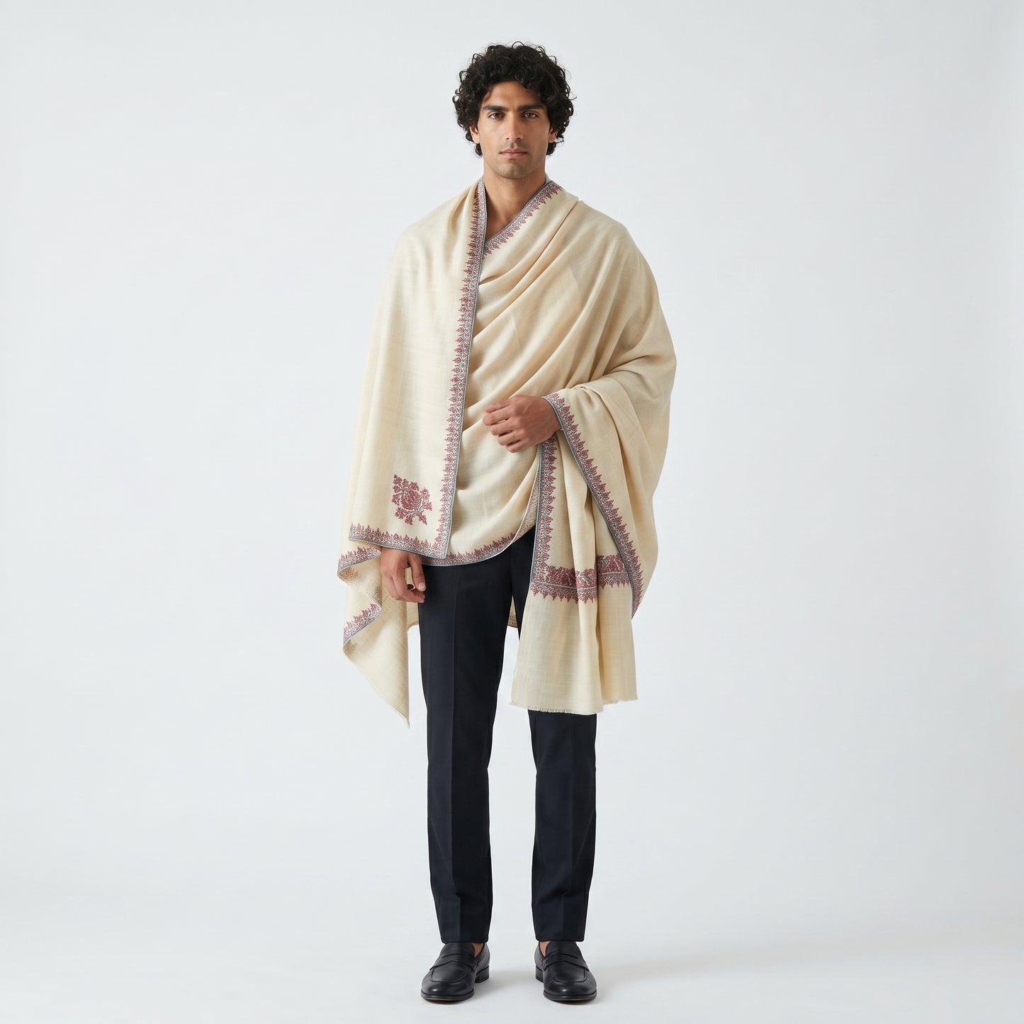 Natural Ivory Pashmina Stole — Crimson & Teal Sozni Floral Border