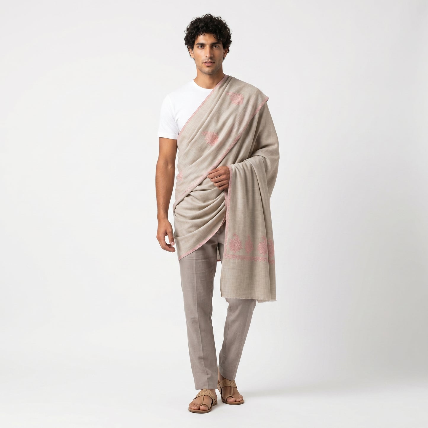 Silver Grey Pashmina Stole — Sozni Booti & Dourdar Border in Rose Pink