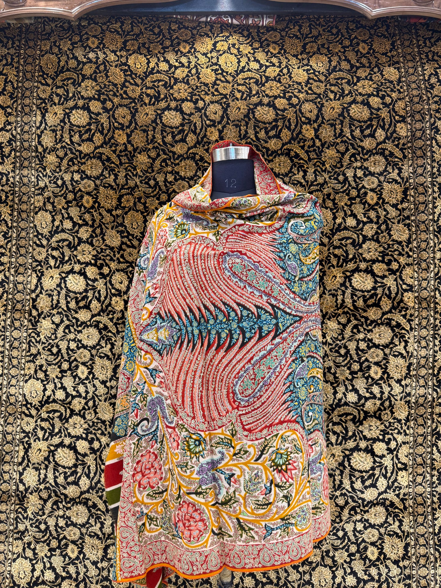 Ivory Kalamkari Pashmina Shawl — Grand Multi-Colour Paisley & Floral Embroidery