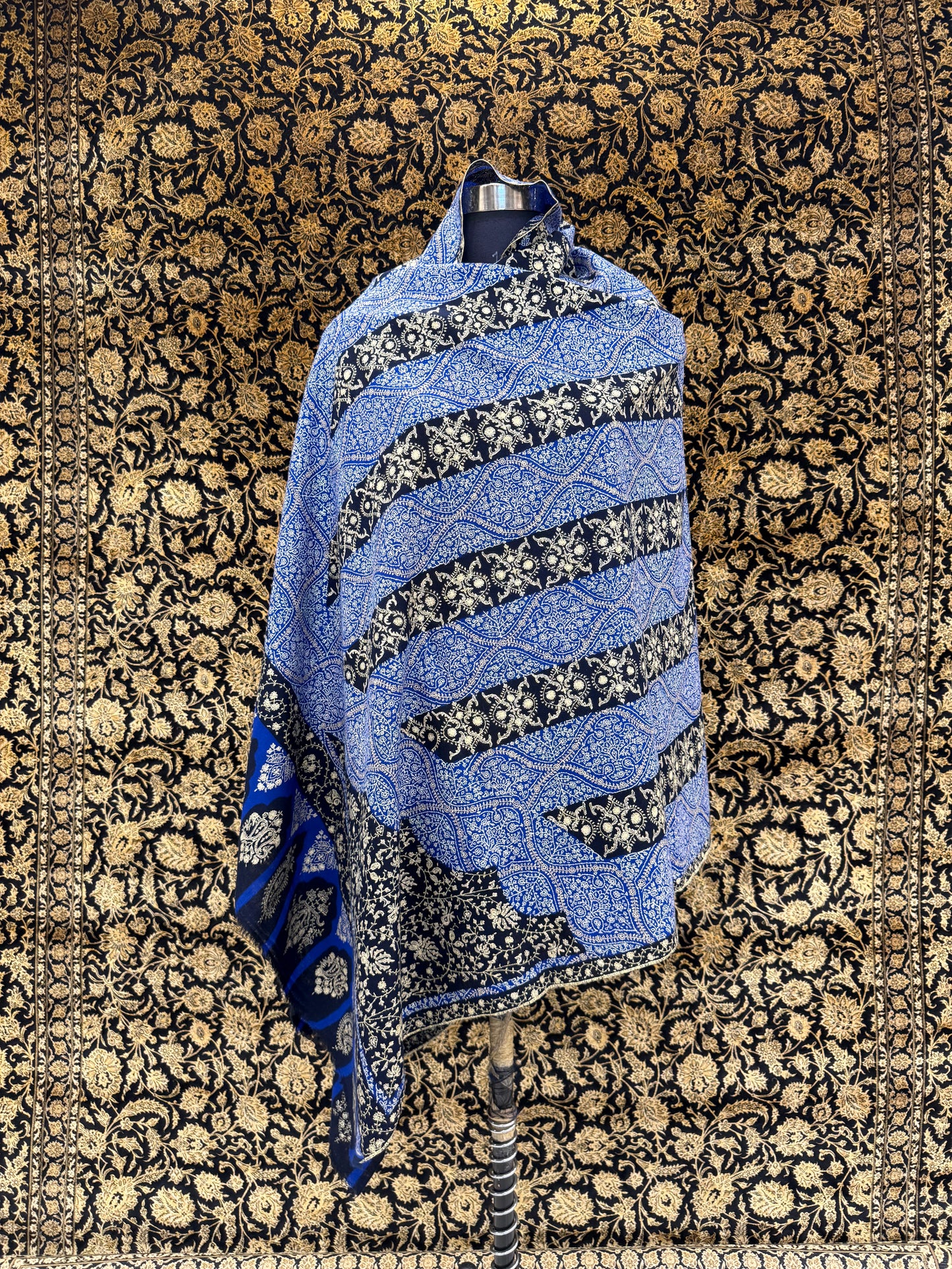 Royal Blue & Navy Jama Pashmina Shawl — Gold Wave Band Embroidery