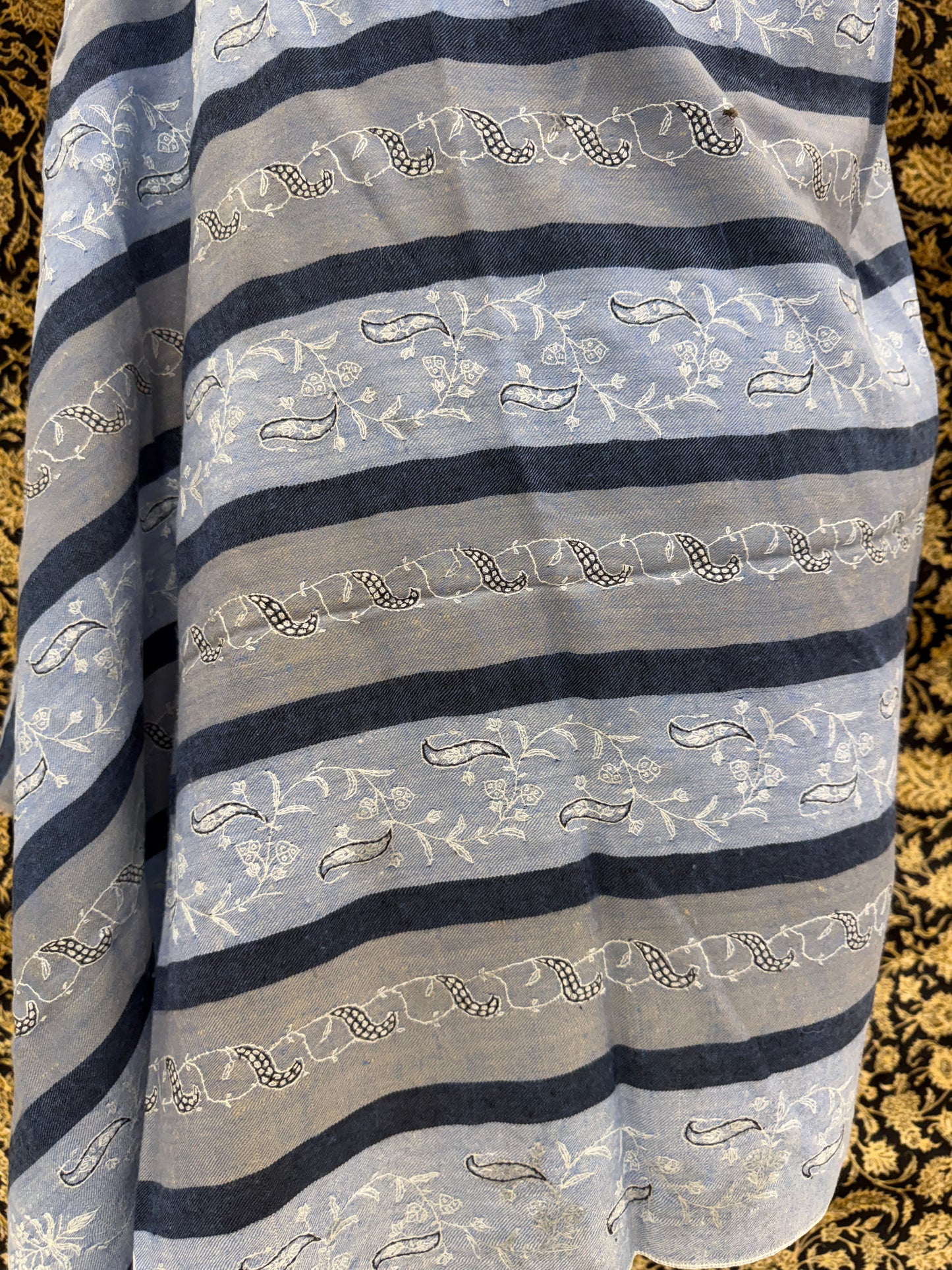 Steel Blue Striped Pashmina Shawl — Ivory Paisley Booti Embroidery