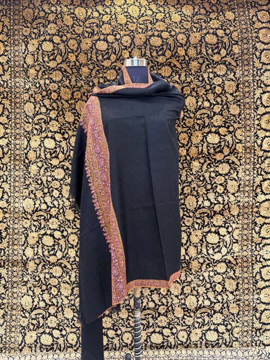 Jet Black Pashmina Shawl — Multicolour Sozni Embroidered Border
