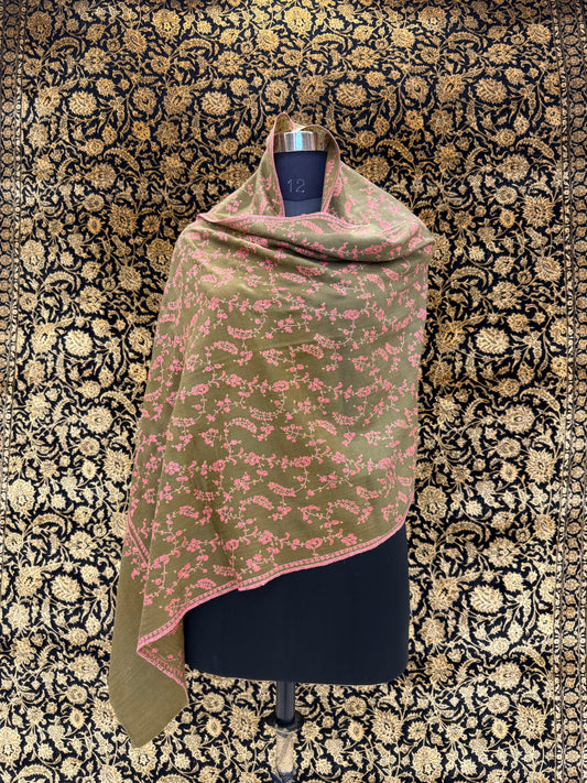 Olive Green Jama Pashmina Stole — Rose Pink Full Floral Vine Embroidery