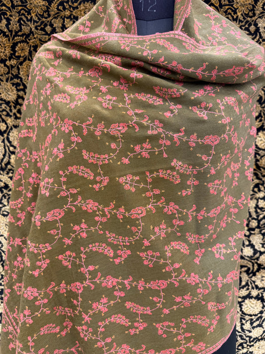 Olive Green Jama Pashmina Stole — Rose Pink Full Floral Vine Embroidery