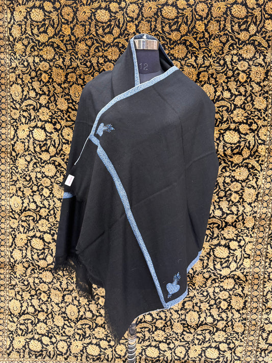 Jet Black Pashmina Stole — Steel Blue Sozni Border & Paisley Buti