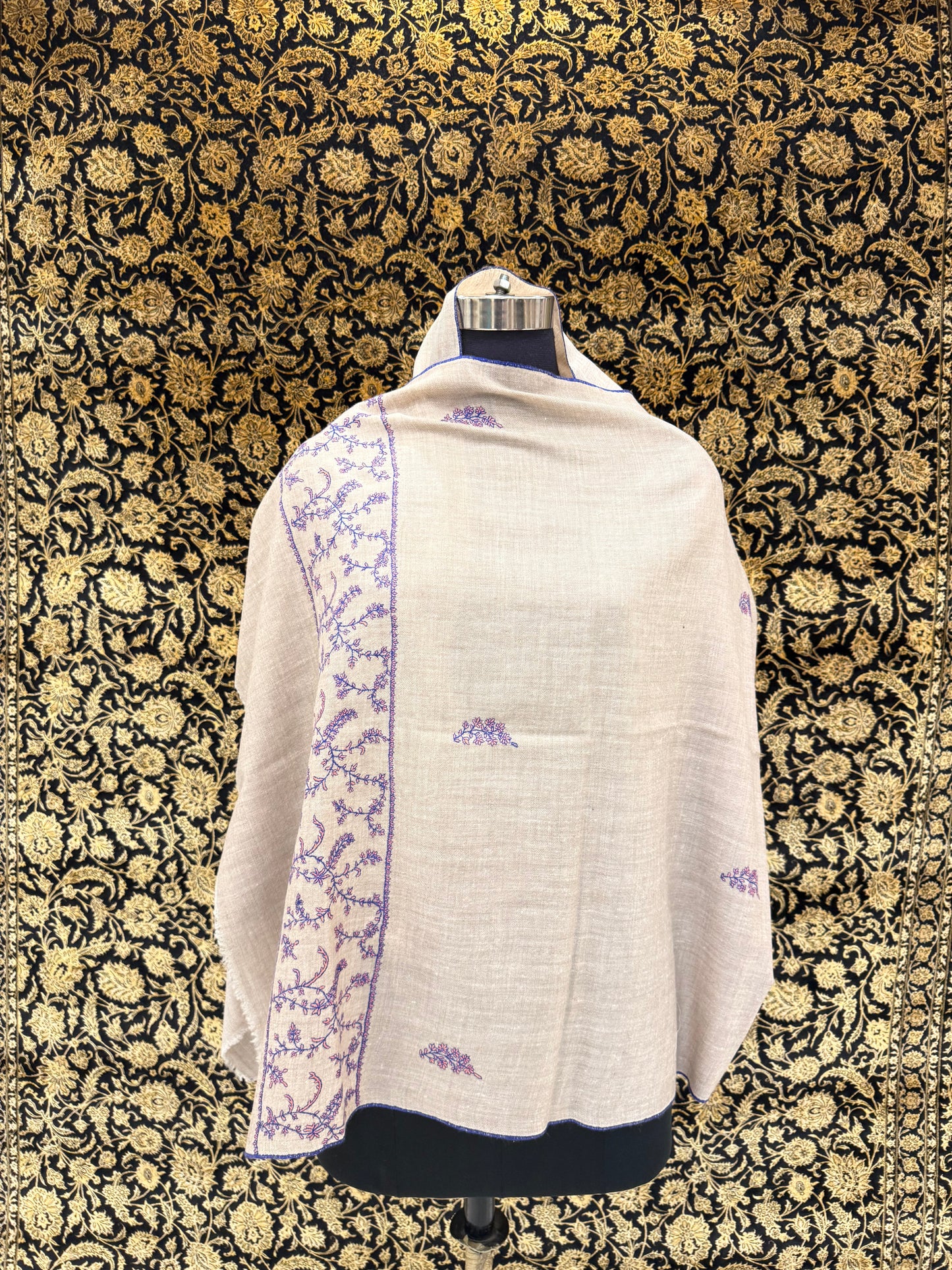 Off-White Jali Pashmina Stole — Periwinkle Blue & Coral Botanical Embroidery
