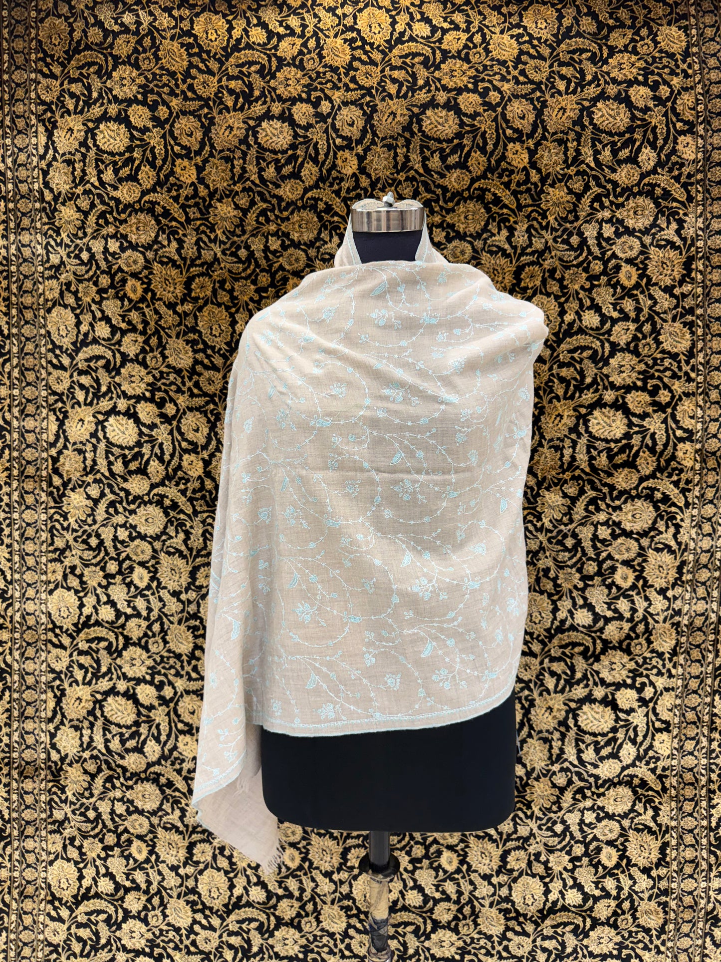 Sand Beige Jali Pashmina Stole — Powder Blue Floral Vine Embroidery