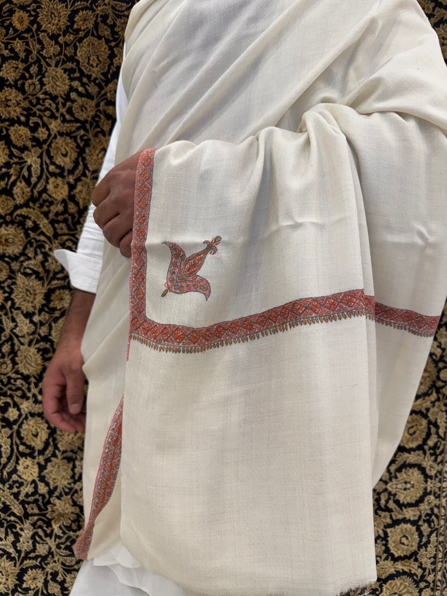 Pure White Pashmina Shawl — Crimson & Gold Sozni Border with Paisley Buti