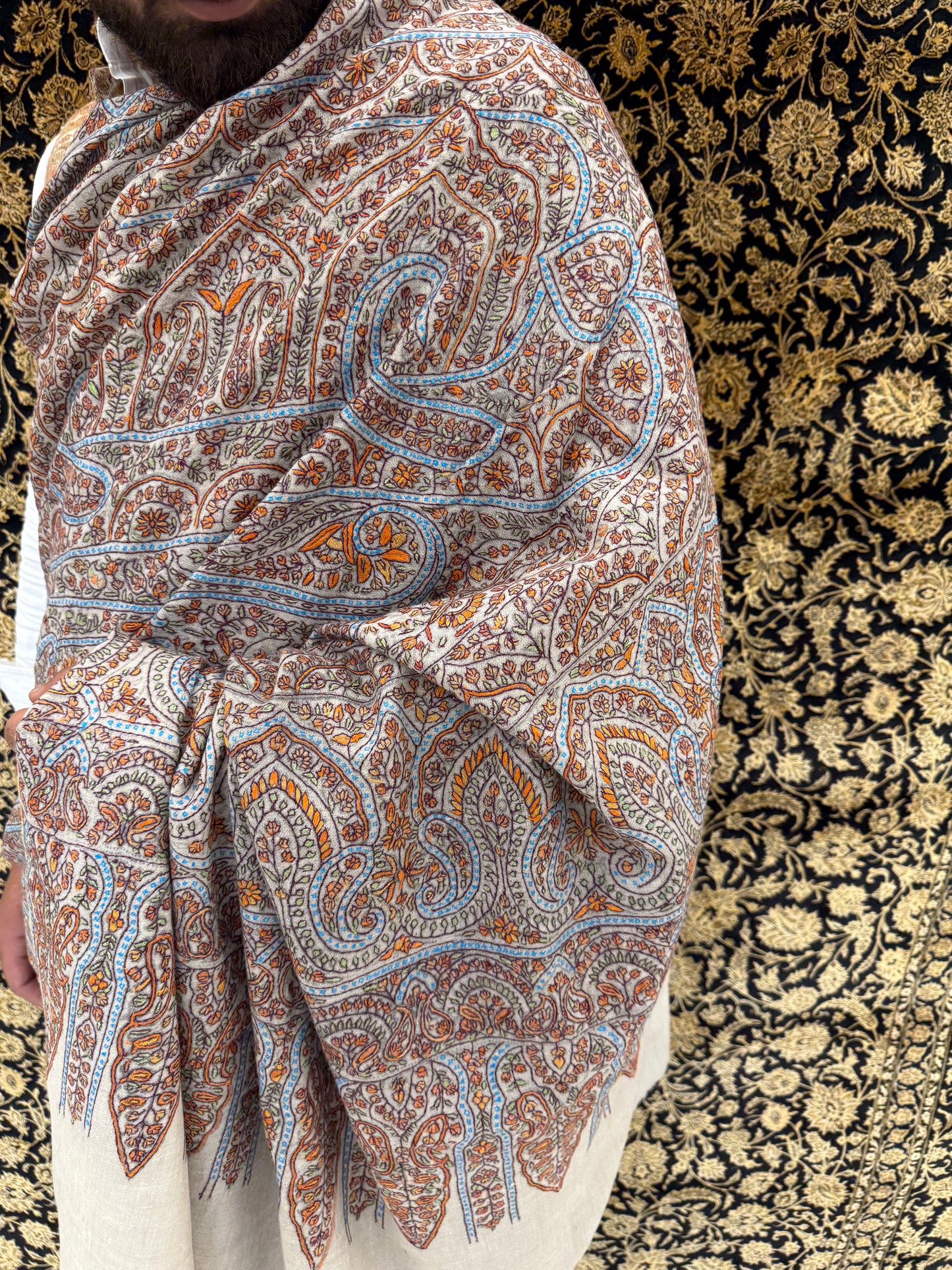 Cream Kalamkari Pashmina Shawl — Terracotta, Blue & Amber Grand Paisley