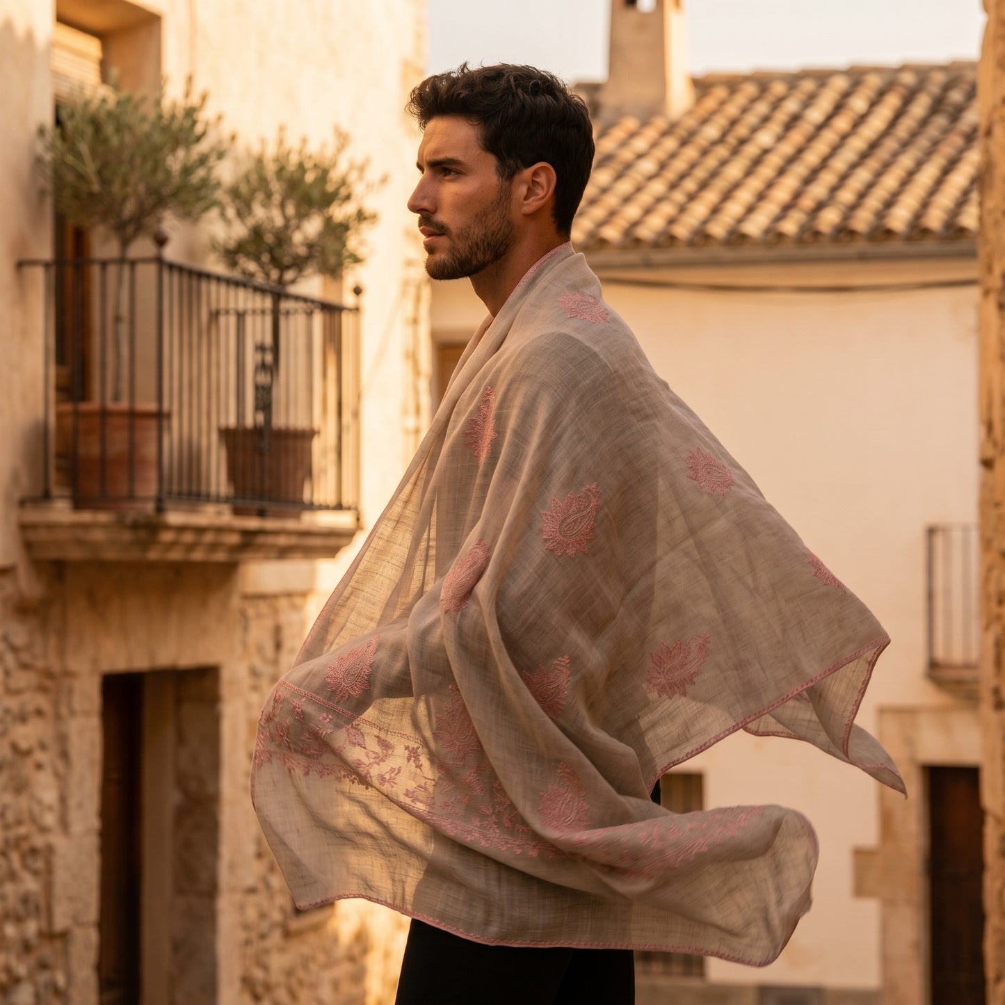 Silver Grey Pashmina Stole — Sozni Booti & Dourdar Border in Rose Pink